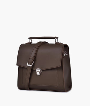 Women’s Push Lock Messenger Bag – Faux Leather Dark Brown