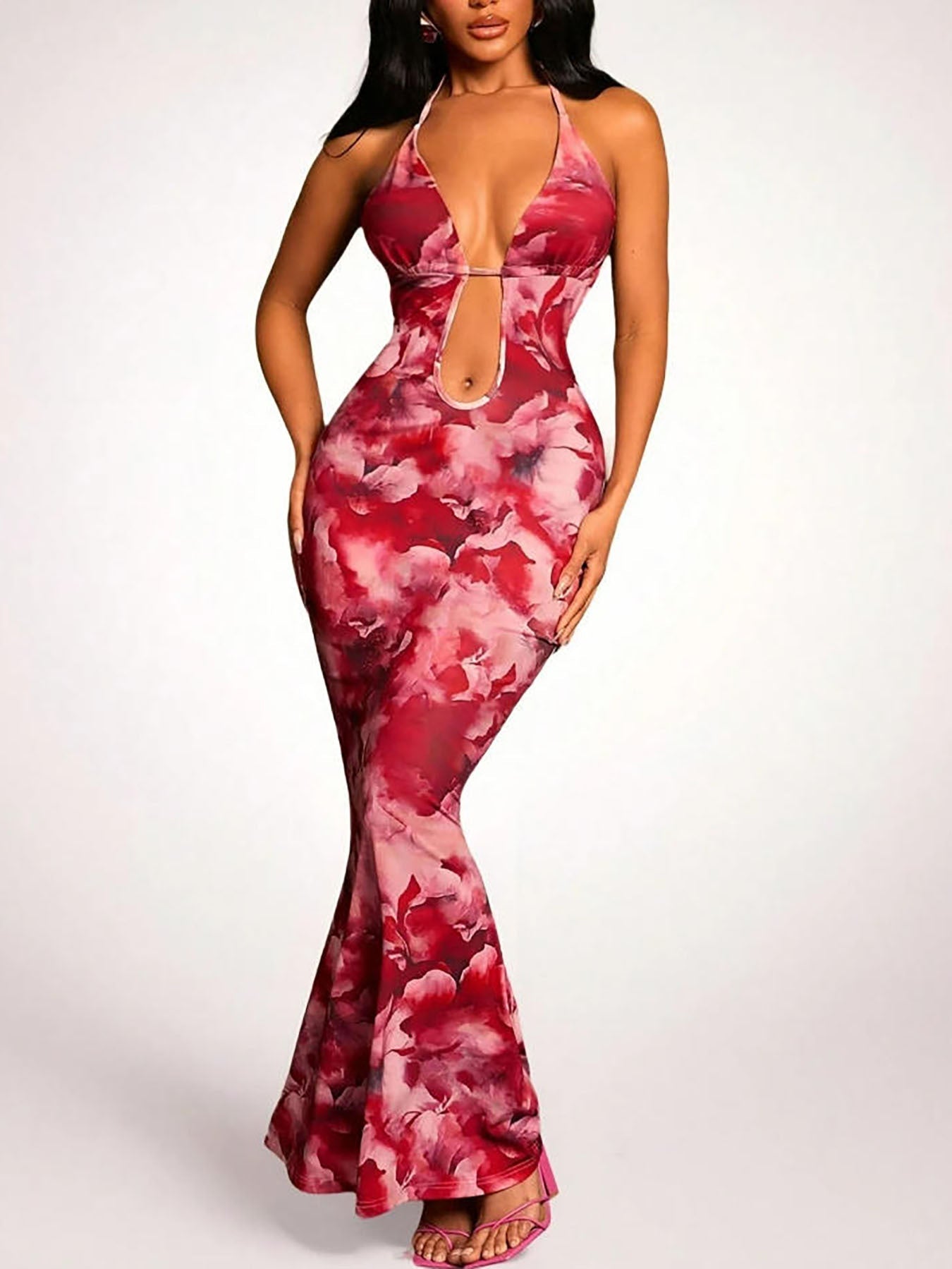 Printed Backless Hollow-Out Dress Women