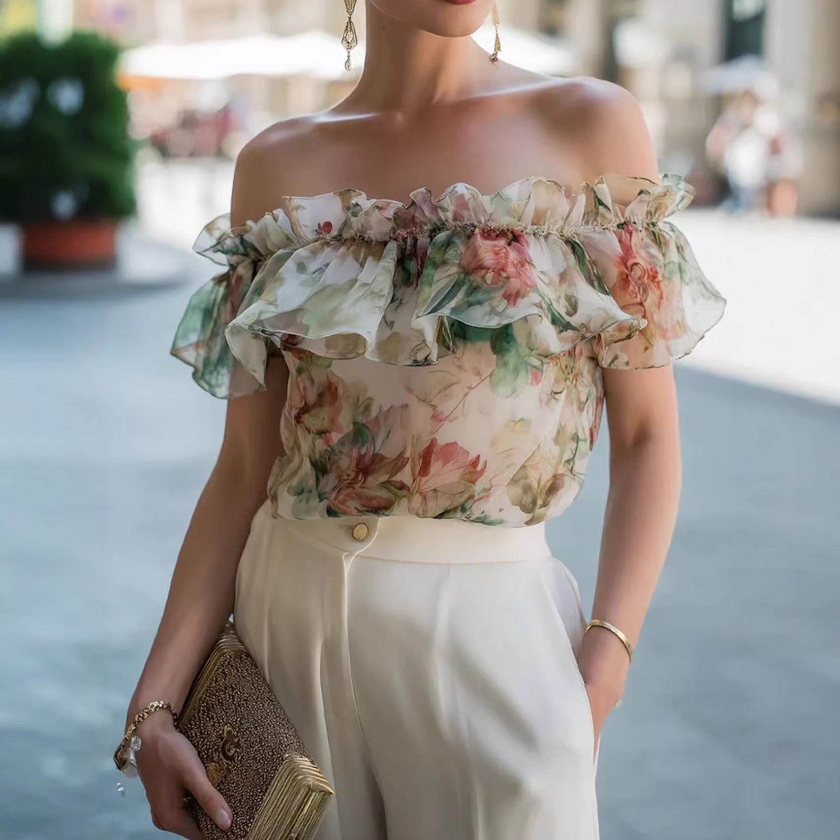 Women's Chiffon Printed Off-Shoulder Ruffle-Trim Top