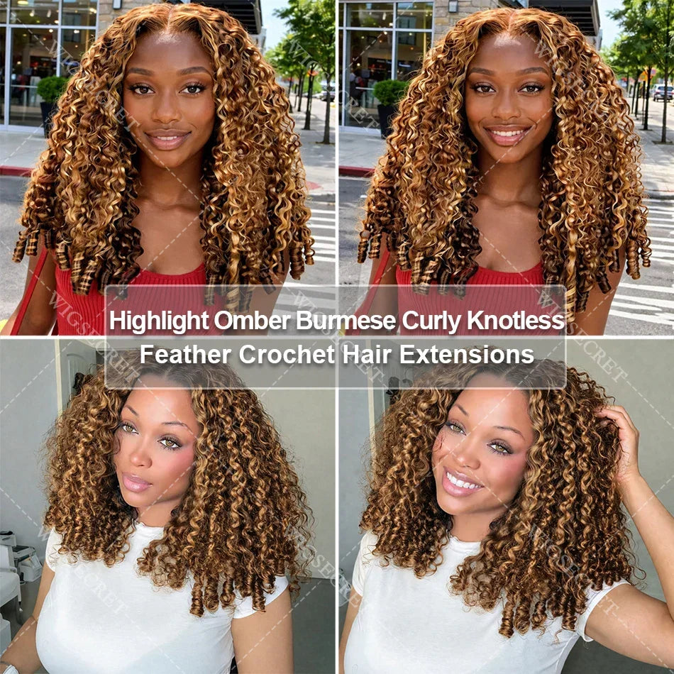 Honey Blonde Highlight Burmese Curly Crochet Human Hair For Braids Pre-Separated Knotless Ombre Miracle Knots Feather Human Hair