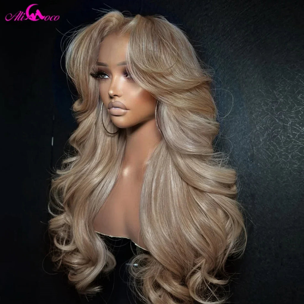 13x6 Ash Blonde Wigs Human Hair 180% Density Body Wave Lace Front Wigs Milk Tea Blonde Colored Human Hair Wigs for Women