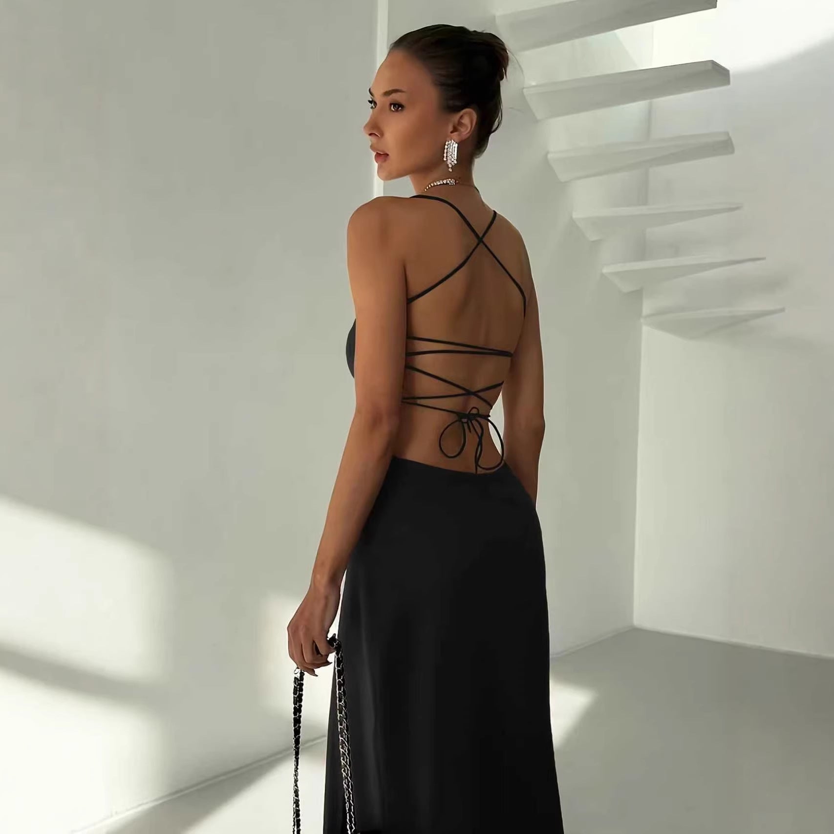 Backless Low-Cut Chic Girl Solid Color Halter Dress Womens New Sexy Slip Dress
