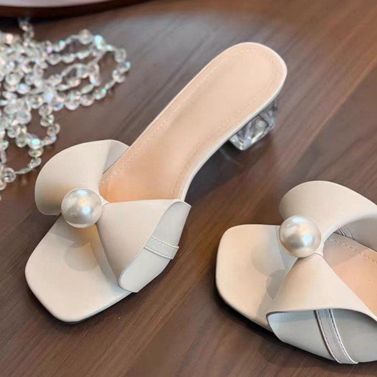 Thick Heeled Square Toe Women's Shoes, Bow Pearl Slippers, One Line Cool Slippers, Fashionable High Heels